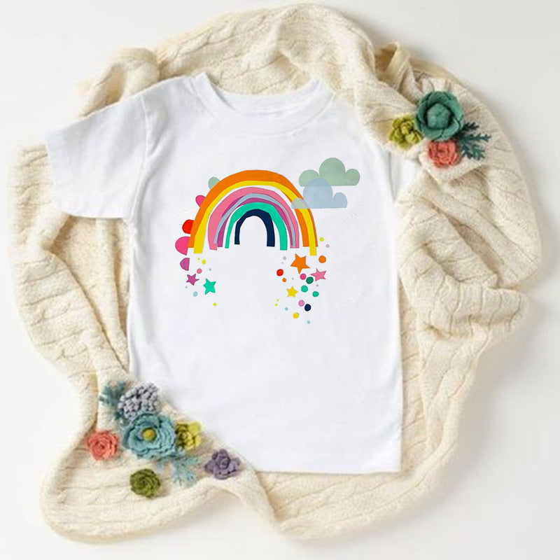 Children Kids Baby Fashion Girls Boys Basic Casual Rainbow I Love You Print Short Sleeve T-Shirt
