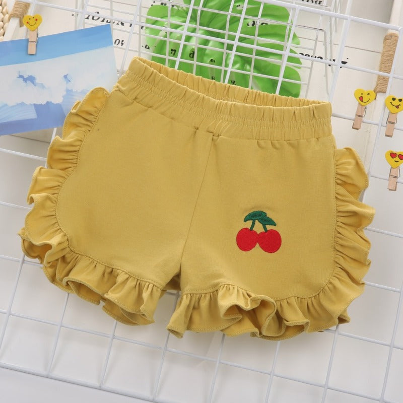 Kids Toddler Girls Fashion Cherry Embroidered Wood Ear Shorts