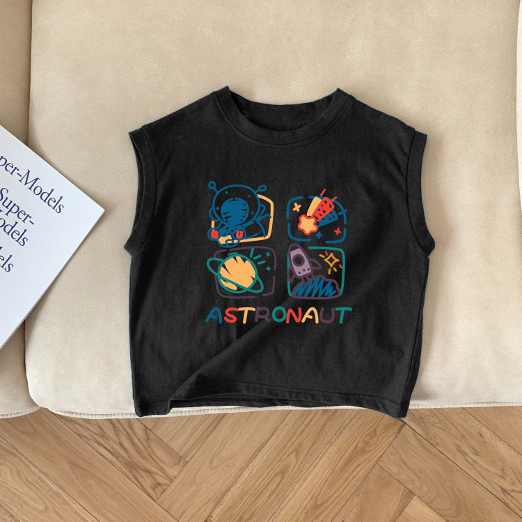 Kids Toddler Girls Boys Summer Basic Cotton Space Cartoon Sleeveless Round Neck T-Shirt