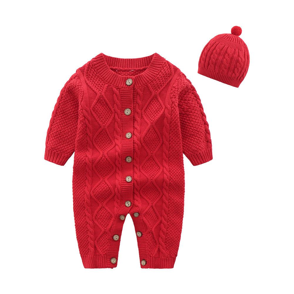 Winter Baby Simple Solid Color Single-Breasted Knitted One Piece And Hat