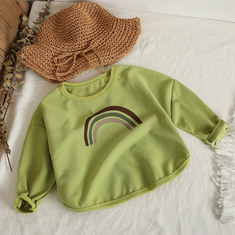Kids Toddler Big Boys Girls Fashion Casual Cute Rainbow Waffle Long Sleeve Round Neck T-Shirt