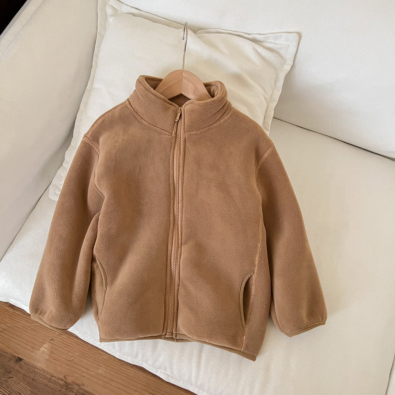 Winter Children Solid Color Fleece-Lined Warm Zipper Coat