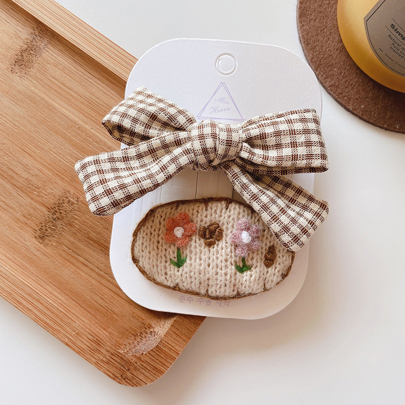 2pcs/set Kids Girls Sweet Bow Oval Square Fabric Knit Hair Accessories Hairpin