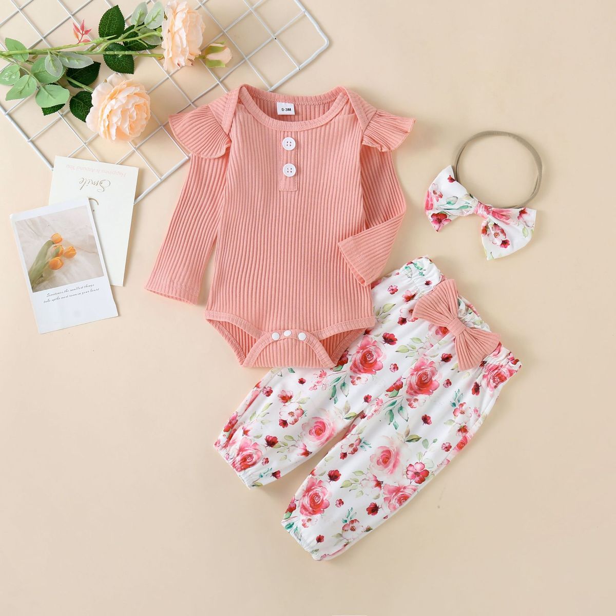 Kids Baby Girls Cute Long Sleeve Romper Flower Trousers Sets