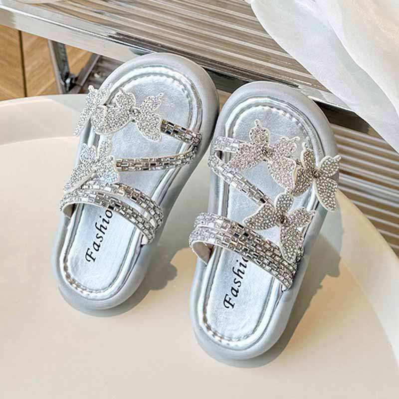 Kids Girls Casual Cute Rhinestone Butterfly Flat Slippers