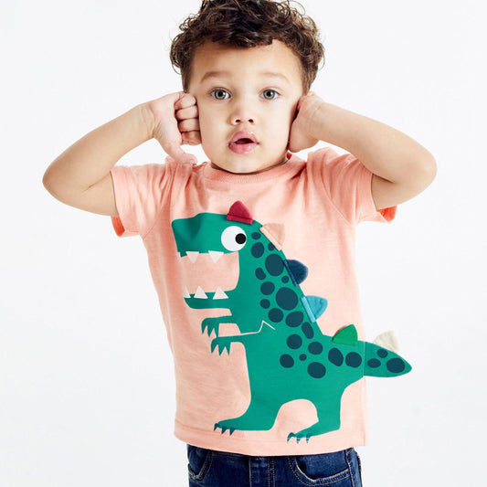Boys Cute Cartoon Dinosaur Patteirn Round Neck Short Sleeve T-shirt