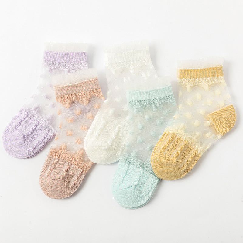 5pairs/set Girls Sweet Lace Mesh Design Polka Dot Socks