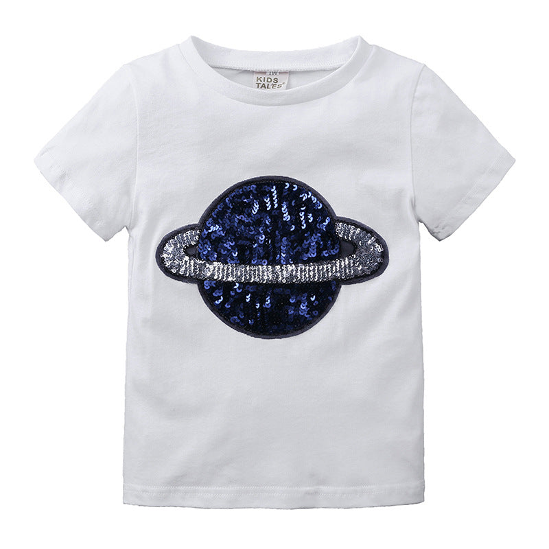 Kids Casual Round Neck Short Sleeve Sequin Star Design T-shirt