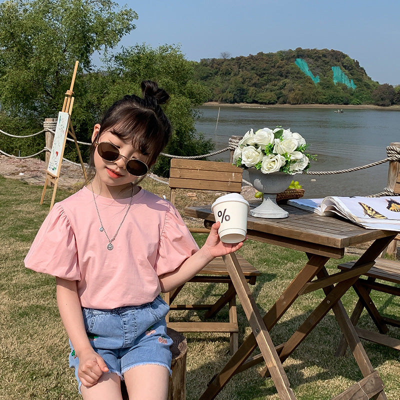 Kids Girls Simple Solid Color Round Neck Puff Sleeve Loose T-shirt