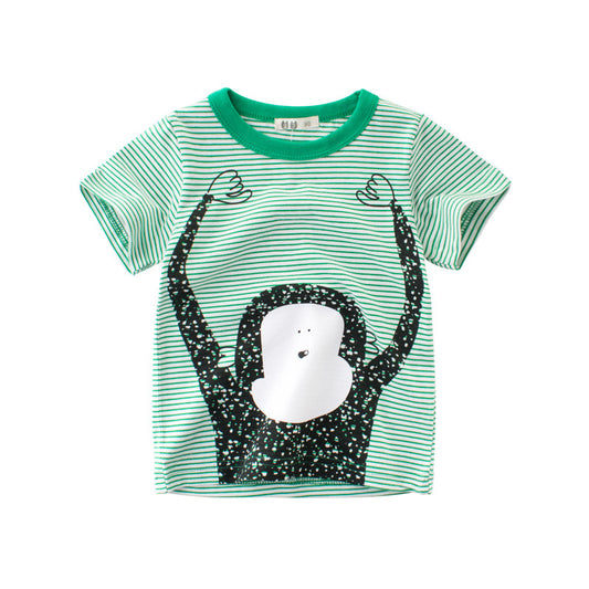 Boys Casual Cartoon Animal Monkey Round Neck Short Sleeve Striped T-shirt