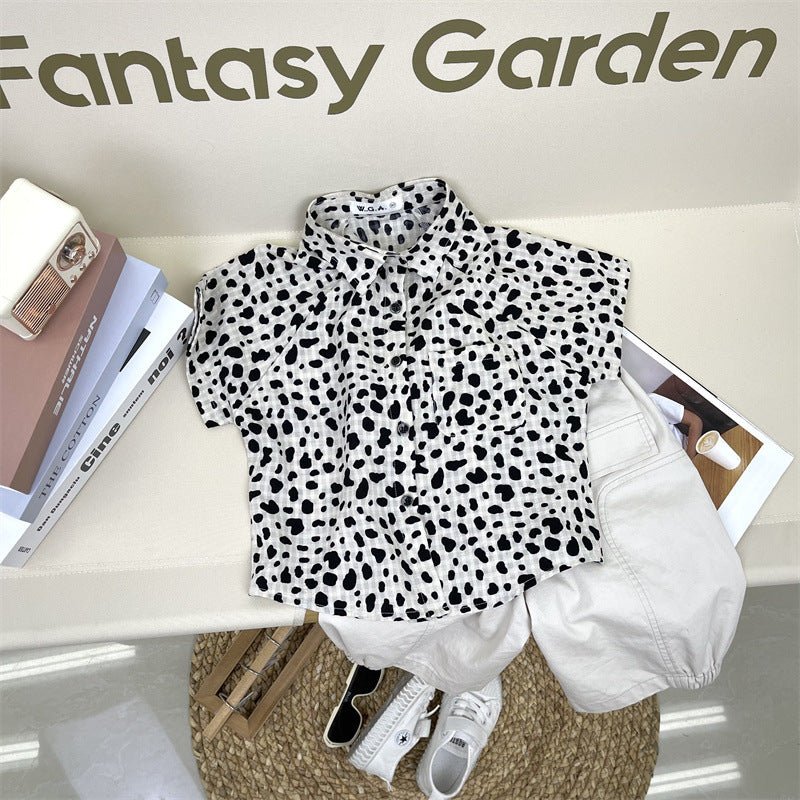 Boy Fashion Casual Leopard Lapel Short-Sleeve Blouse