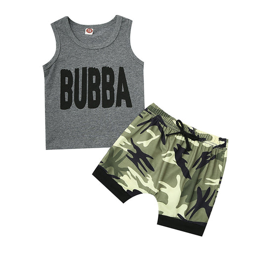 Baby Boys Basic Round Neck Letter Sleeveless Vest And Elastic Camouflage Shorts Set