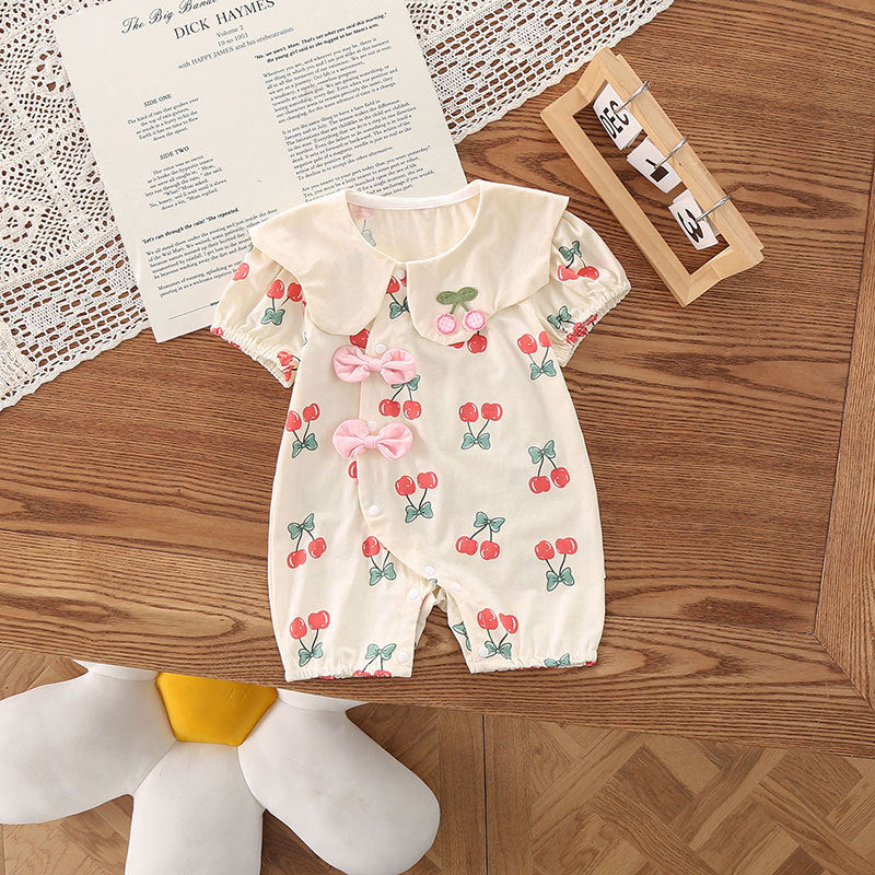 Kids Baby Girls Cute Bow Print Short Sleeve Romper