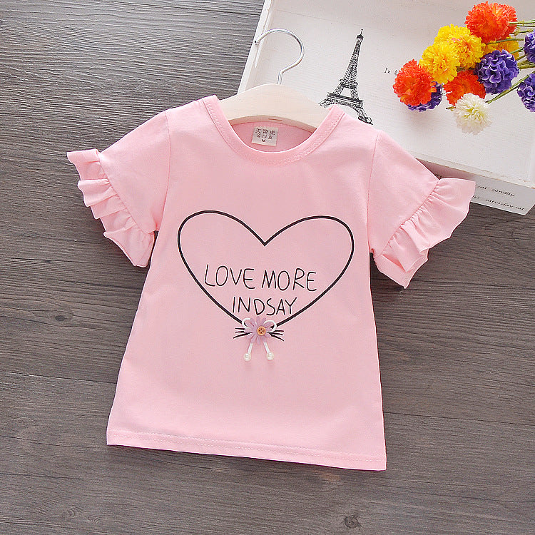 Baby Girls Basic Round Neck Letter Heart Pattern Puff Sleeve Stringy Selvedge T-shirt