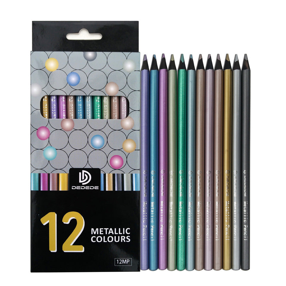 12 Color Metallic Mark Pen Black Wood Color Pencil Art Supply