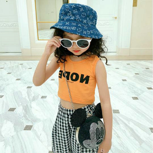 Kids Girls Basic Round Neck Sleeveless Letter Pattern T-shirt