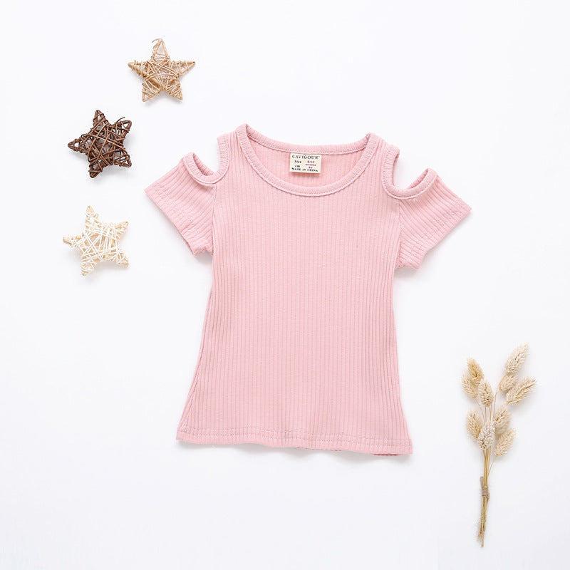 Girls Basic Solid Color Cool-shoulder Round Neck Short Sleeve T-shirt