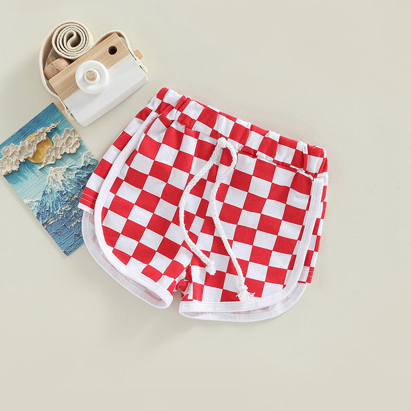 Baby Kids Boys Girls Summer Plaid Drawstring Casual Shorts