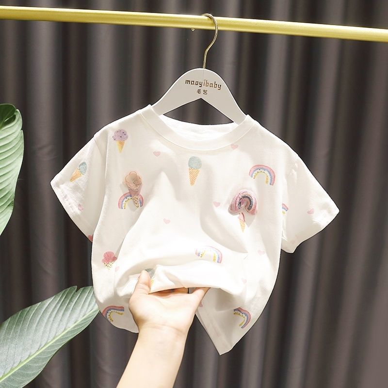 Kids Girls Cute Flower Decor Round Neck Short Sleeve Ruffled T-shirt