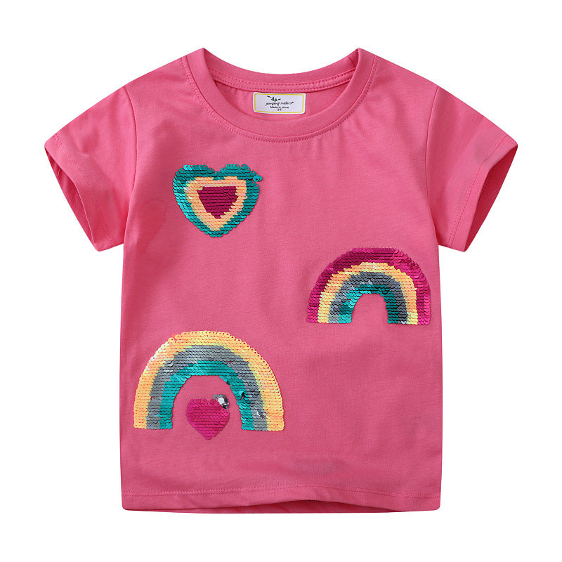 Kids Toddler Girls Casual Cute Rainbow Sequins Short Sleeve T-Shirt