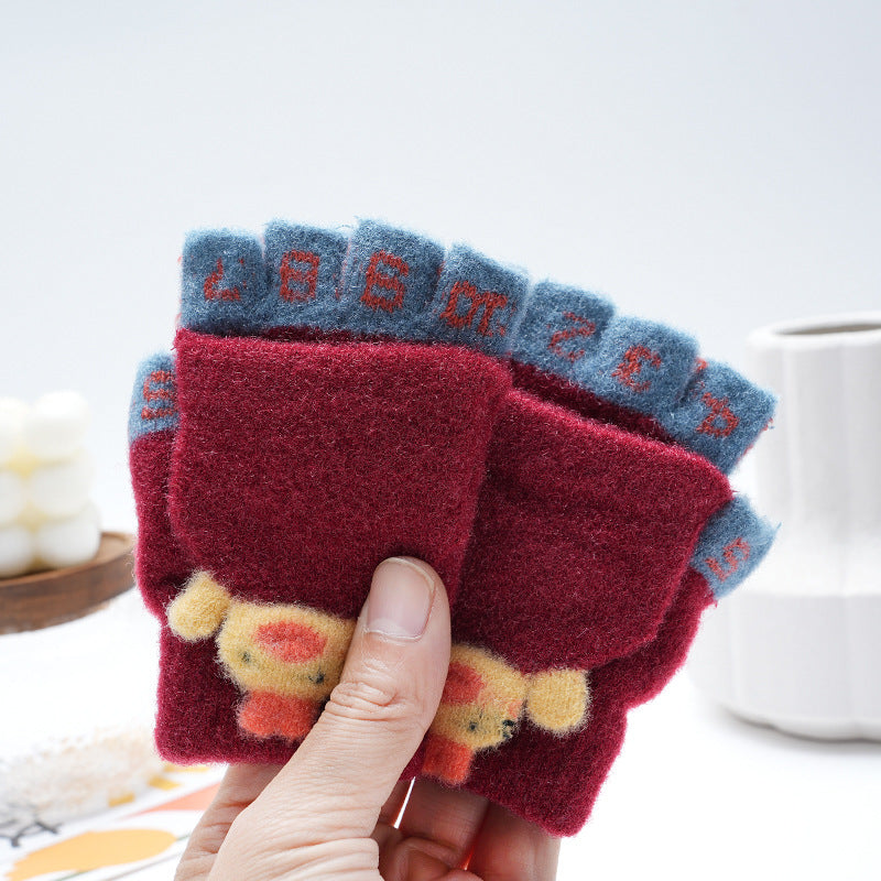 Kids Unisex Fall Winter Casual Cute Cartoon Fleeces Half Finger Clamshell Gloves
