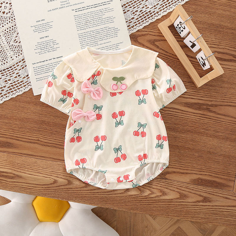 Kids Baby Girls Cute Bow Print Short Sleeve Romper