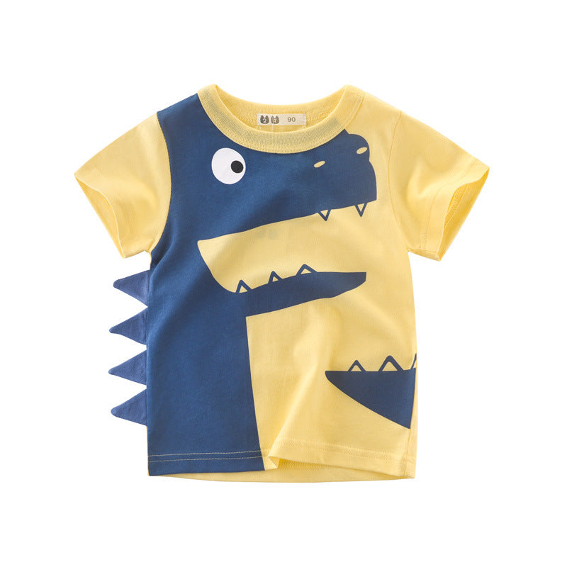 Boys Basic Cartoon Dinosaur Round Neck Short-sleeved T-shirt