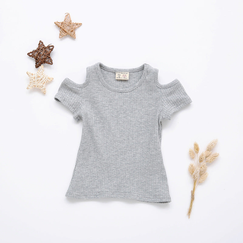 Girls Basic Solid Color Cool-shoulder Round Neck Short Sleeve T-shirt
