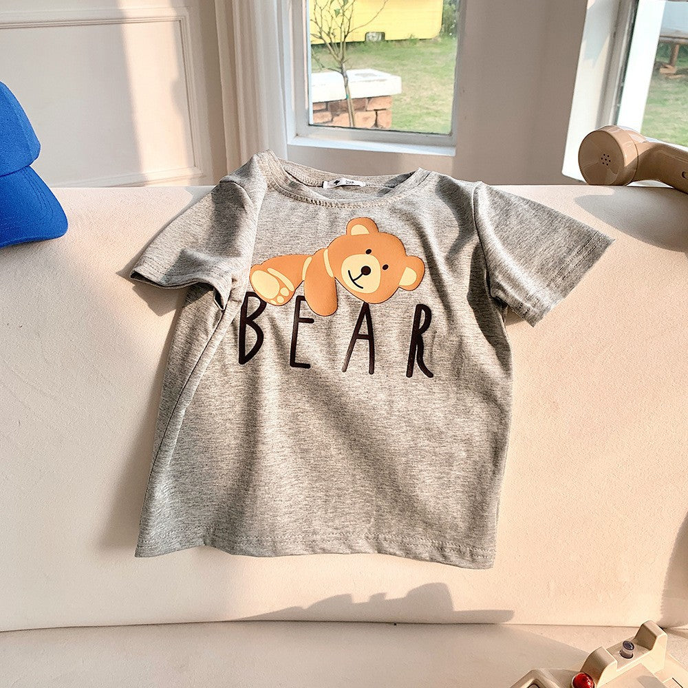 Kids Casual Cartoon Bear Letter Pattern Round Neck Short Sleeve Loose T-shirt