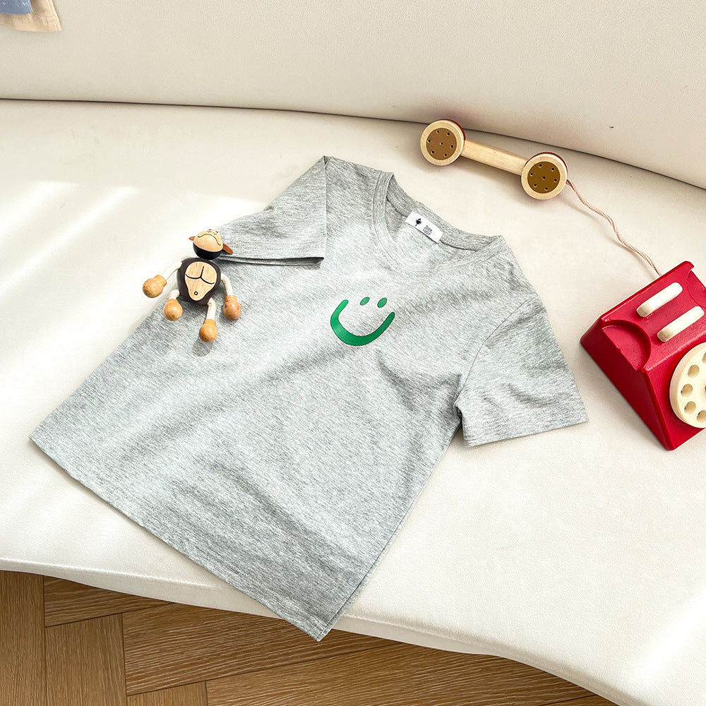 Kids Simple Smile Pattern Round Neck Short Sleeve Loose Casual T-shirt