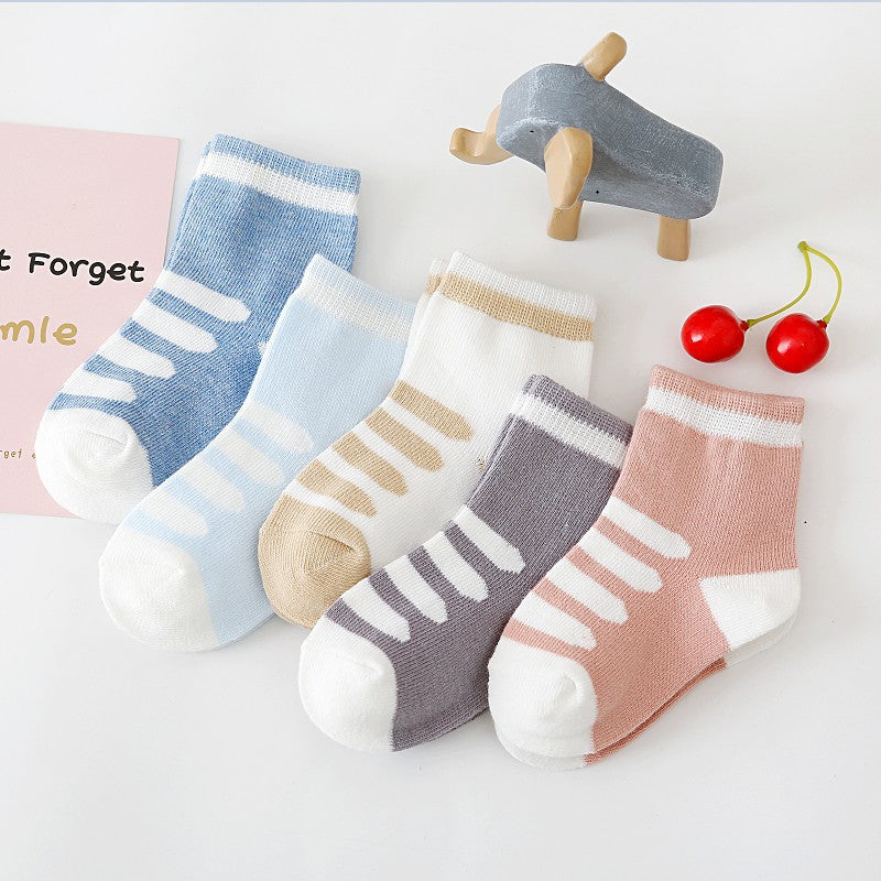 5pairs/set Kids Basic Cartoon Ploka Dot Stripe Soft Socks