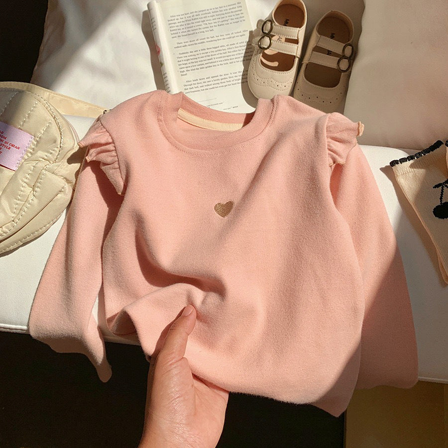 Kids Toddler Girls Heart Embroidery Long Sleeve Ruffled T-Shirt