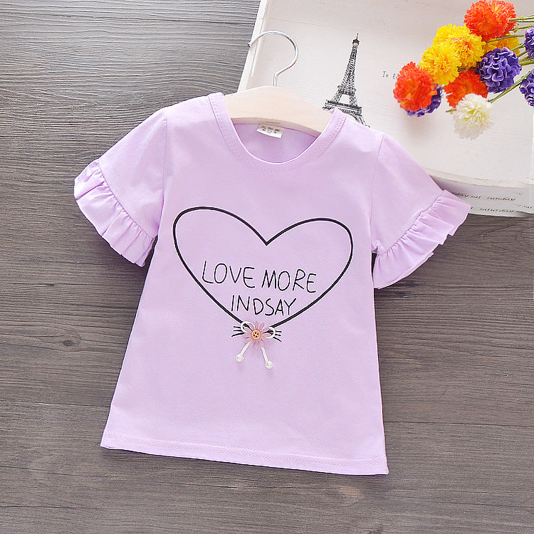 Baby Girls Basic Round Neck Letter Heart Pattern Puff Sleeve Stringy Selvedge T-shirt