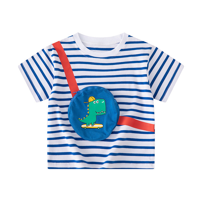 Kids Toddler Boys Casual Cute Dinosaur Stripe Print Short Sleeve Round Neck T-Shirt