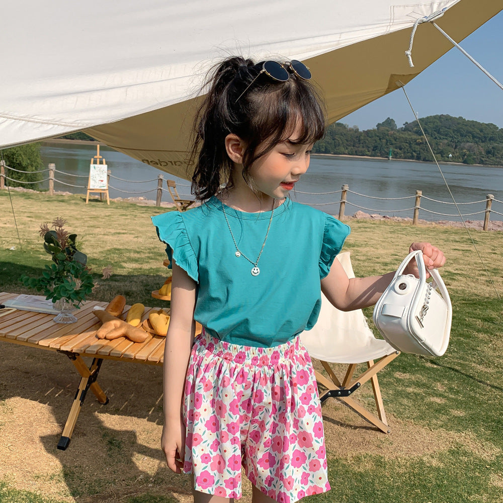 Kids Girls Simple Solid Color Stringy Selvedge Sleeveless Round Neck Loose T-shirt