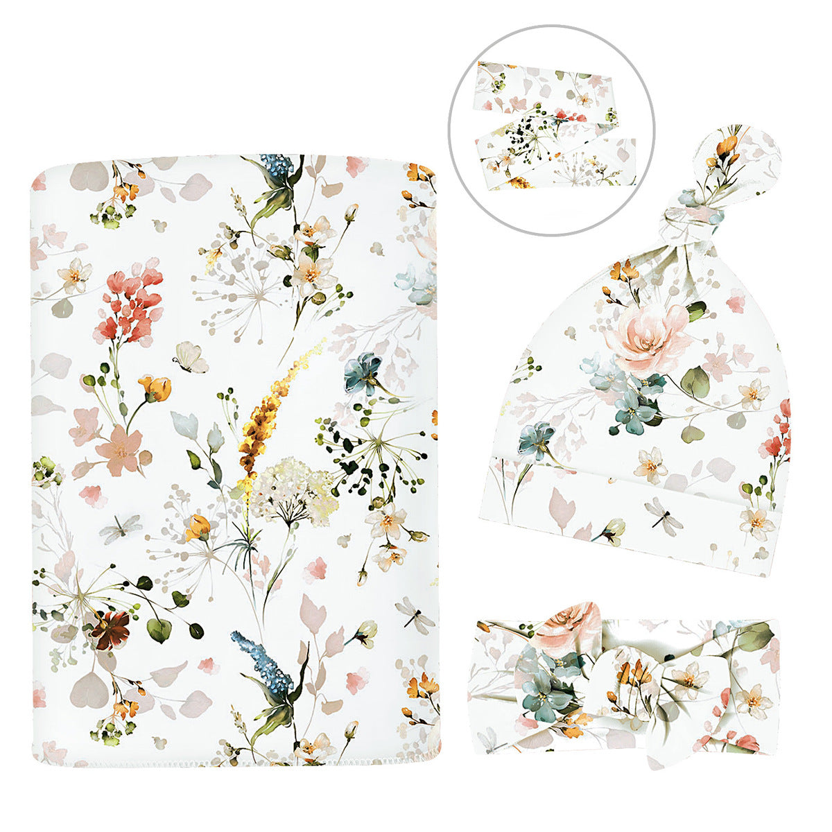 Baby Watercolor Style Printed Swaddle Headband Cap Three-Piece Set