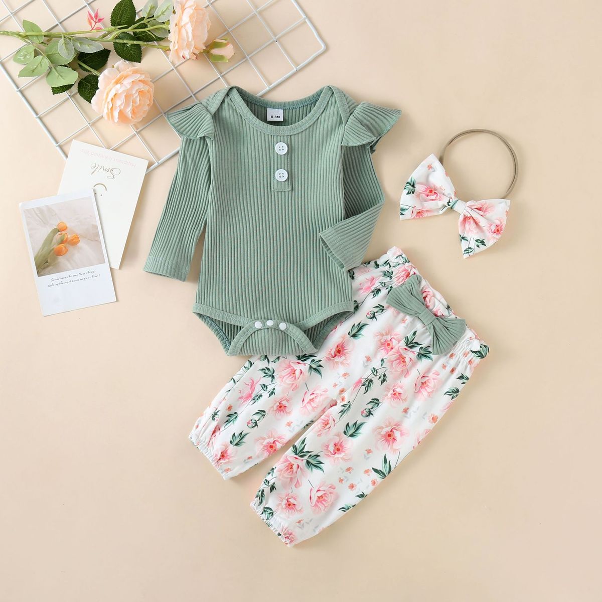 Kids Baby Girls Cute Long Sleeve Romper Flower Trousers Sets