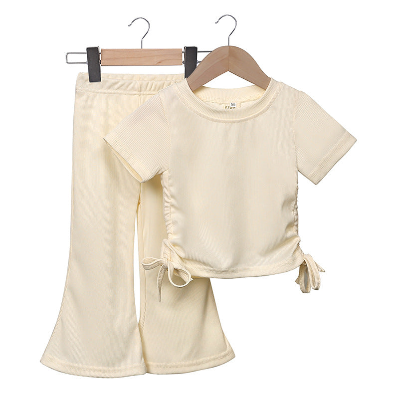 Kids Toddler Girls Casual Cute Solid Color Short Sleeve T-Shirt Flare Trousers Sets