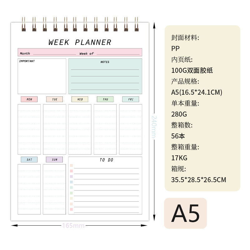 Weekly Planner Sketchpad Pp Board Waterproof Coil Punch Record Book Student Stationery Notebook