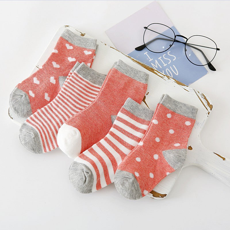 5pairs/set Kids Basic Cartoon Ploka Dot Stripe Soft Socks