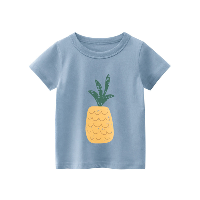 Kids Casual Round Neck Short Sleeve Cartoon Fruit Strawberry Pineapple Print Loose T-shirt