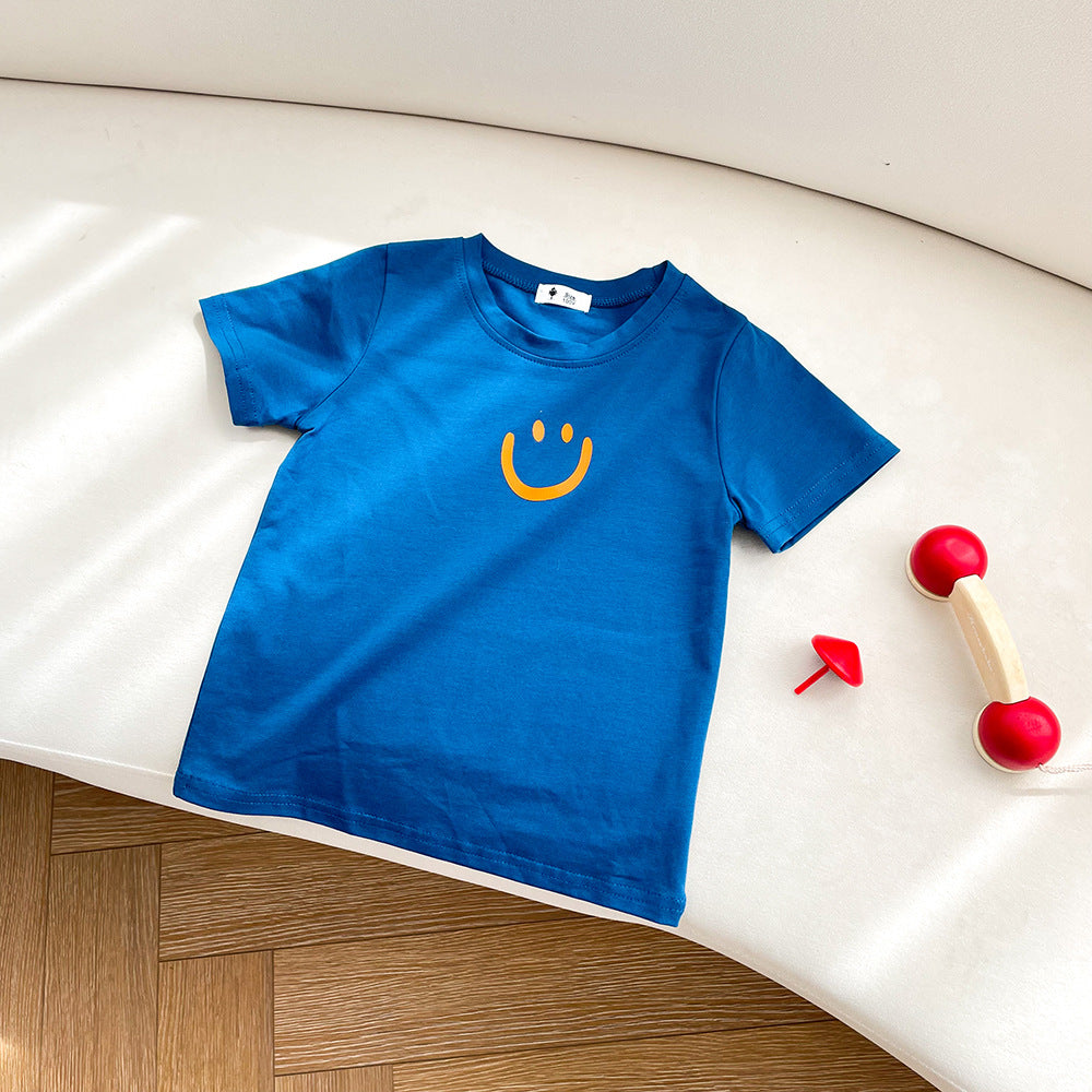 Kids Simple Smile Pattern Round Neck Short Sleeve Loose Casual T-shirt
