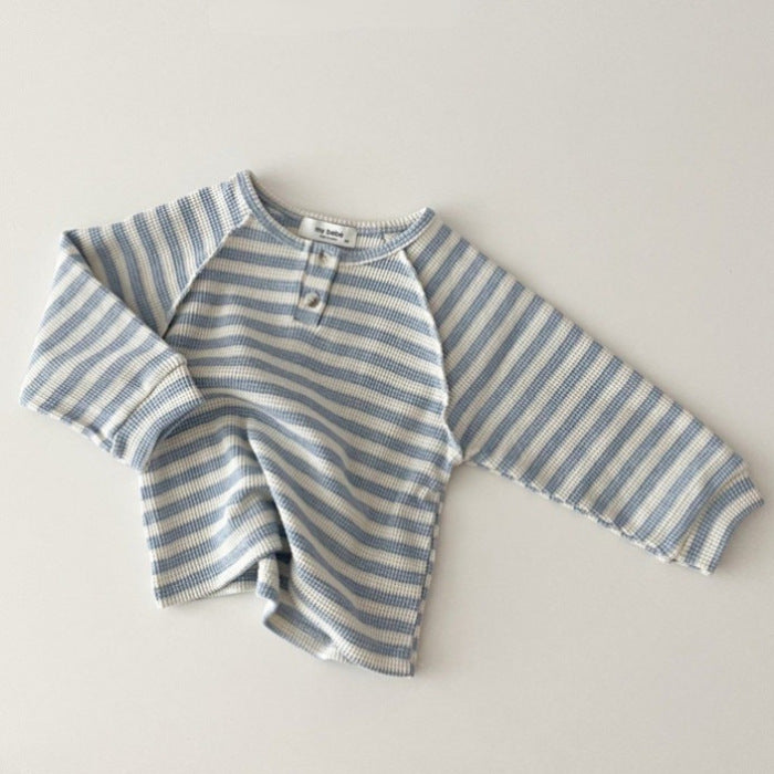 Kids Baby Boys Girls Casual Cute Stripe Polka Dot Waffle Long Sleeve Round Neck T-Shirt
