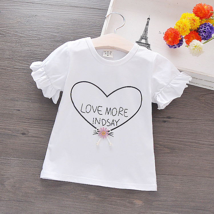 Baby Girls Basic Round Neck Letter Heart Pattern Puff Sleeve Stringy Selvedge T-shirt