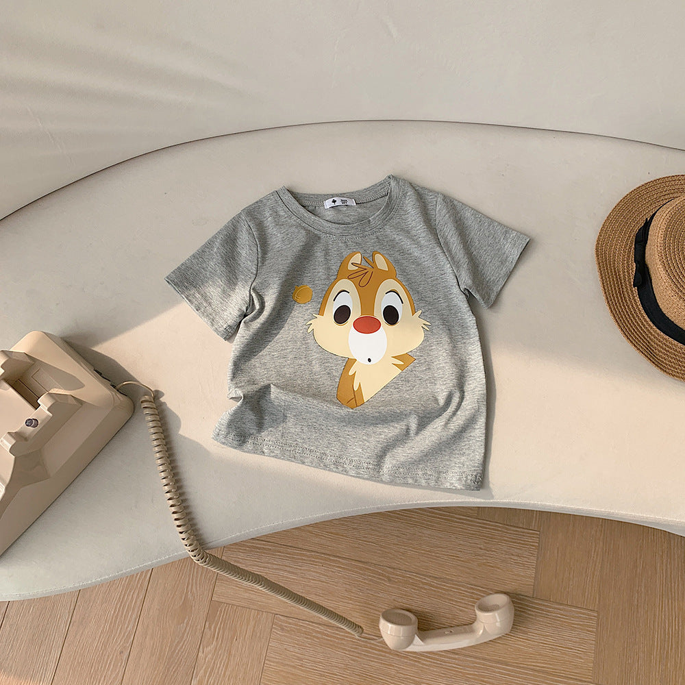 Kids Casual Cartoon Animal Squirrel Pattern Round Neck Short Sleeve Loose T-shirt
