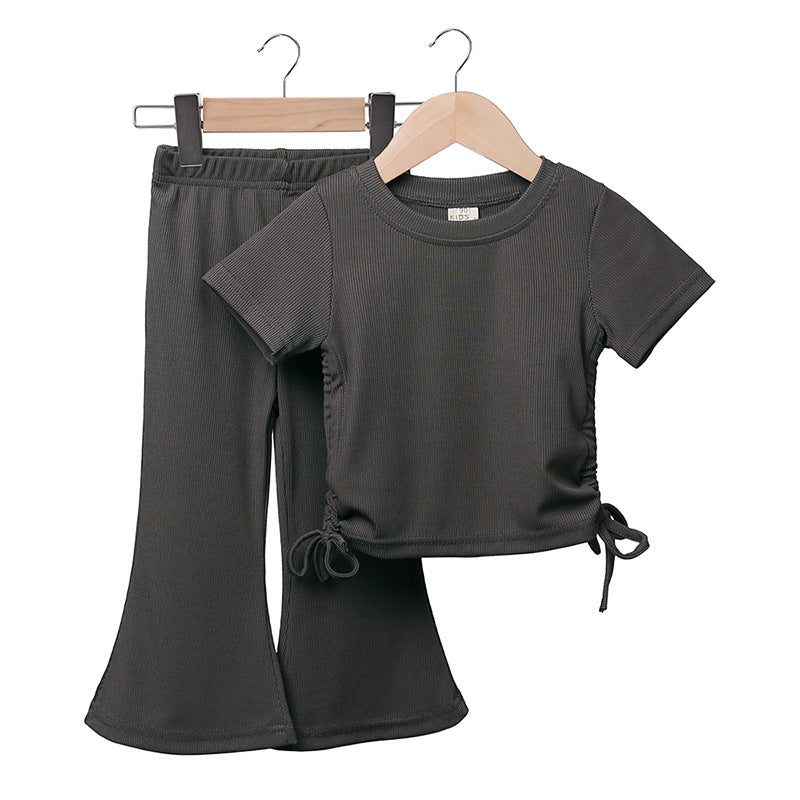 Kids Toddler Girls Casual Cute Solid Color Short Sleeve T-Shirt Flare Trousers Sets