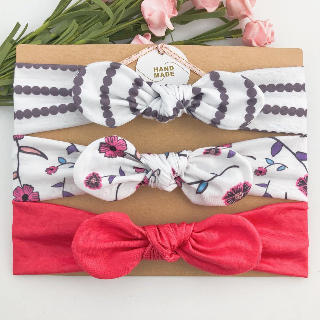 3piece/set Kids Basic All Over Print Bow Rabbit Ear Headband