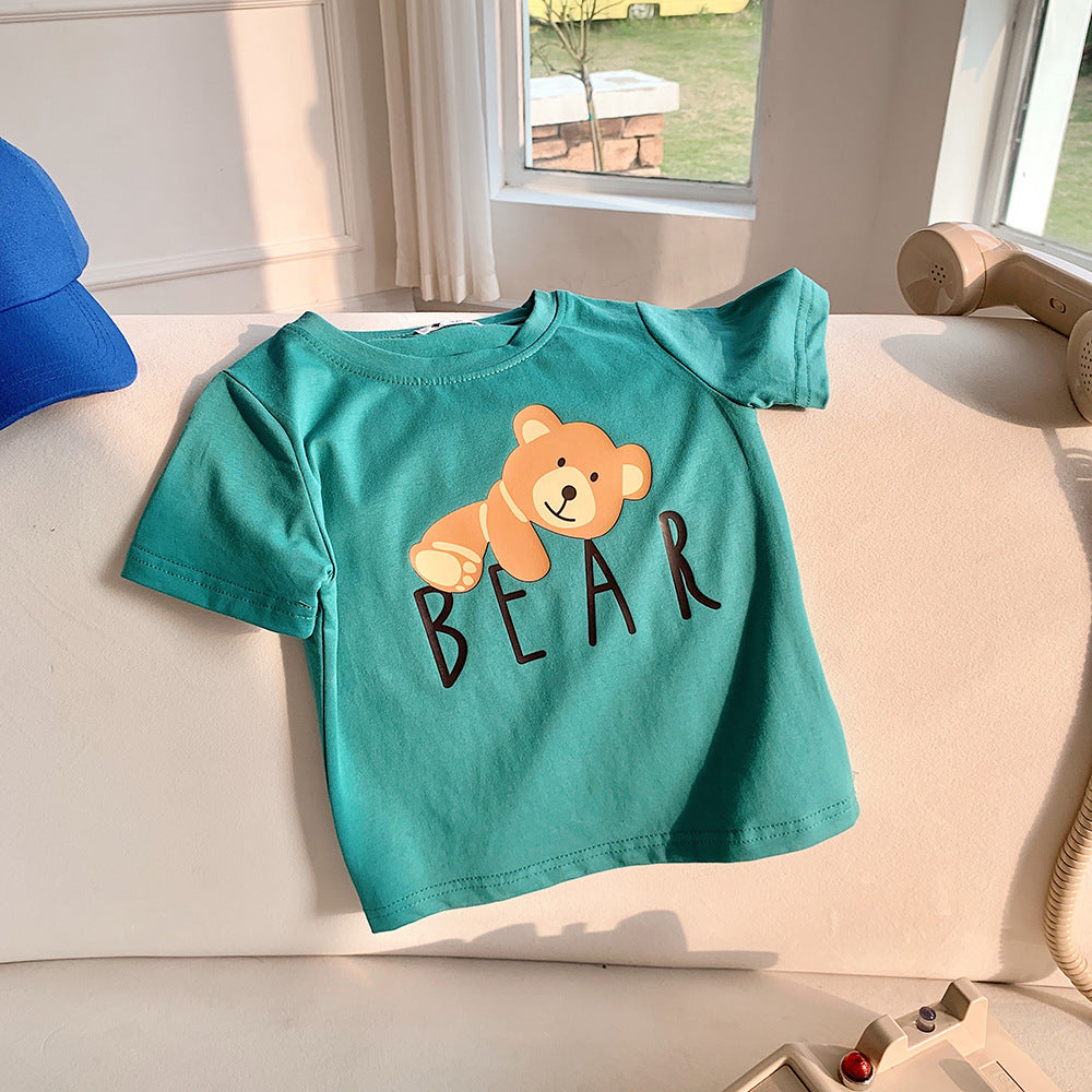 Kids Casual Cartoon Bear Letter Pattern Round Neck Short Sleeve Loose T-shirt