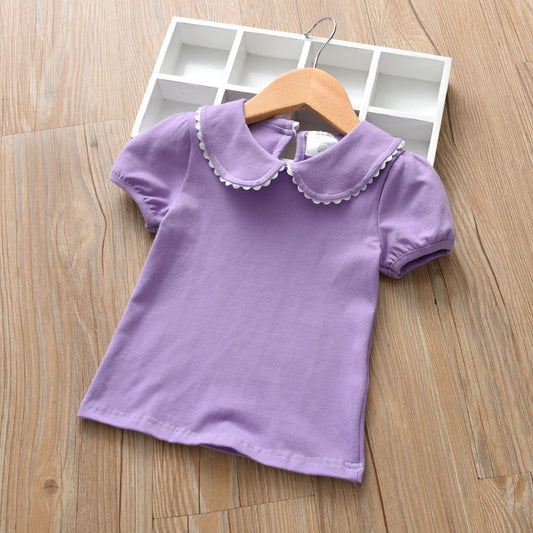 Kids Girls Basic Solid Color Doll Collar Short Sleeve T-shirt