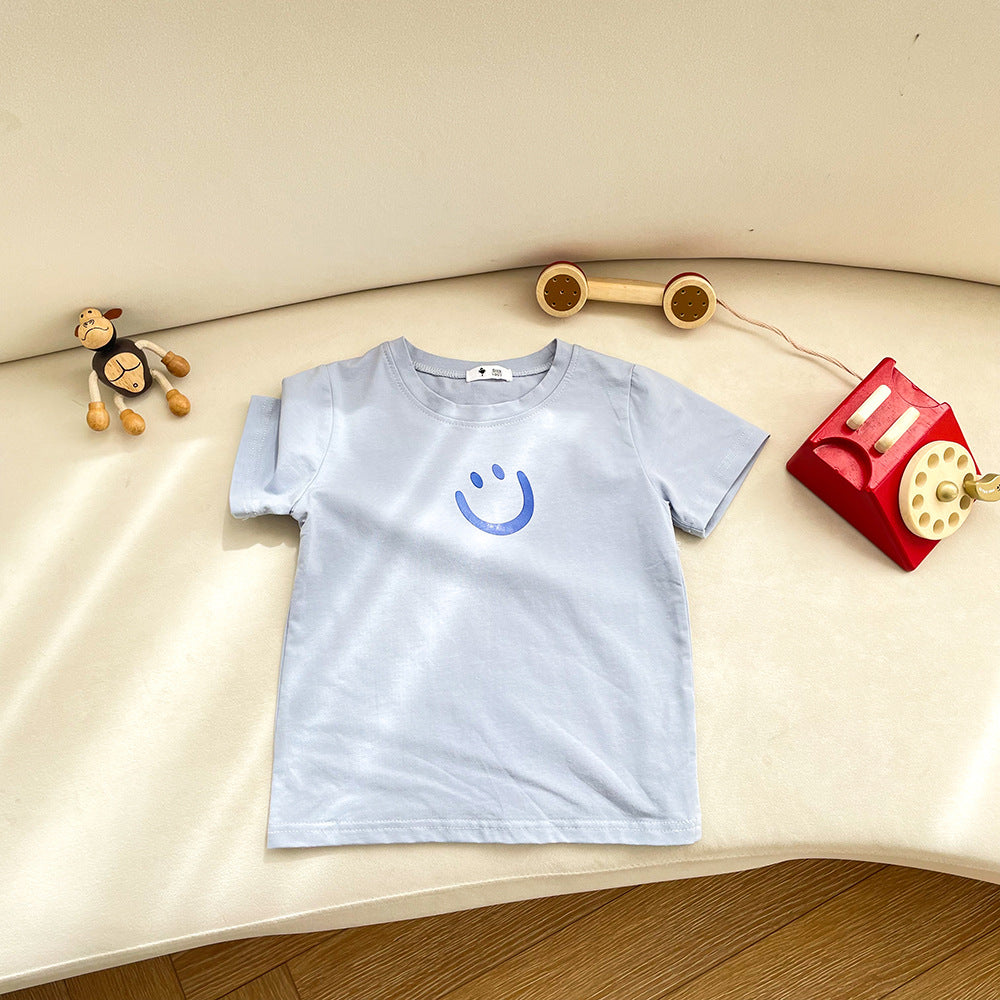 Kids Simple Smile Pattern Round Neck Short Sleeve Loose Casual T-shirt